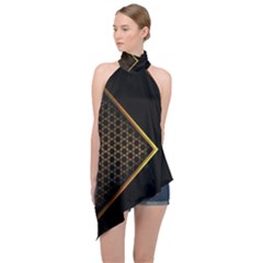 Black Arrow Gold Line Hexagon Mesh Pattern Halter Asymmetric Satin Top by Vaneshart