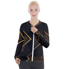 Black Arrow Gold Line Hexagon Mesh Pattern Casual Zip Up Jacket by Vaneshart