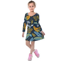 Birds Nature Design Kids  Long Sleeve Velvet Dress by Vaneshart