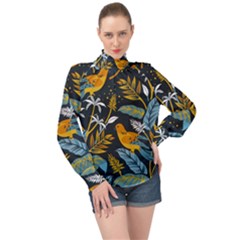 Birds Nature Design High Neck Long Sleeve Chiffon Top