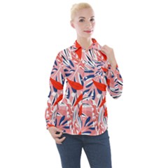 Tropical Seamless Pattern With Colorful Leaves Plants Women s Long Sleeve Pocket Shirt