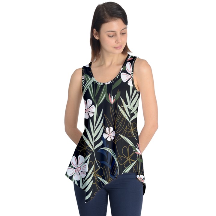 Trending Abstract Seamless Pattern With Colorful Tropical Leaves Plants Black Background Sleeveless Tunic