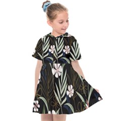 Trending Abstract Seamless Pattern With Colorful Tropical Leaves Plants Black Background Kids  Sailor Dress by Vaneshart