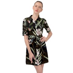 Trending Abstract Seamless Pattern With Colorful Tropical Leaves Plants Black Background Belted Shirt Dress