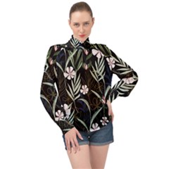 Trending Abstract Seamless Pattern With Colorful Tropical Leaves Plants Black Background High Neck Long Sleeve Chiffon Top by Vaneshart