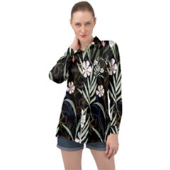 Trending Abstract Seamless Pattern With Colorful Tropical Leaves Plants Black Background Long Sleeve Satin Shirt