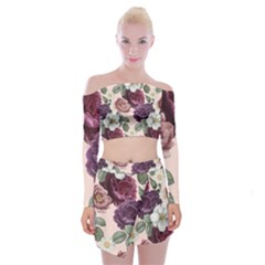 Romantic Floral Background Off Shoulder Top With Mini Skirt Set by Vaneshart