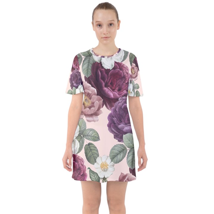 Romantic Floral Background Sixties Short Sleeve Mini Dress