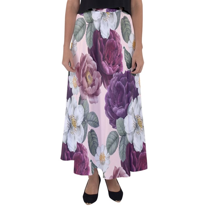 Romantic Floral Background Flared Maxi Skirt