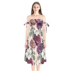 Romantic Floral Background Shoulder Tie Bardot Midi Dress by Vaneshart