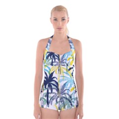 Colorful Summer Palm Trees White Forest Background Boyleg Halter Swimsuit  by Vaneshart