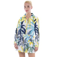 Colorful Summer Palm Trees White Forest Background Women s Long Sleeve Casual Dress by Vaneshart