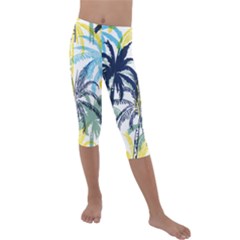 Colorful Summer Palm Trees White Forest Background Kids  Lightweight Velour Capri Leggings  by Vaneshart