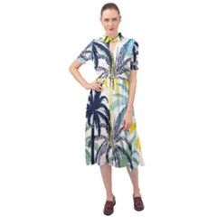 Colorful Summer Palm Trees White Forest Background Keyhole Neckline Chiffon Dress