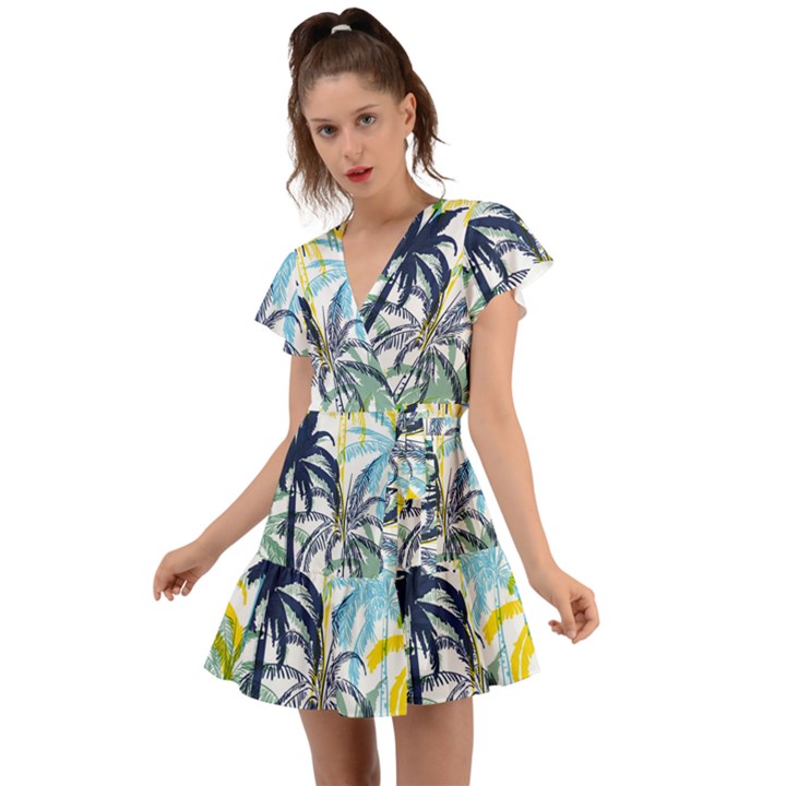 Colorful Summer Palm Trees White Forest Background Flutter Sleeve Wrap Dress