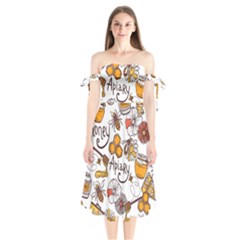 Honey Seamless Pattern Shoulder Tie Bardot Midi Dress by Vaneshart