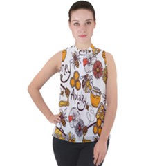 Honey Seamless Pattern Mock Neck Chiffon Sleeveless Top by Vaneshart