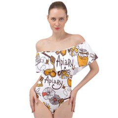 Honey Seamless Pattern Off Shoulder Velour Bodysuit 