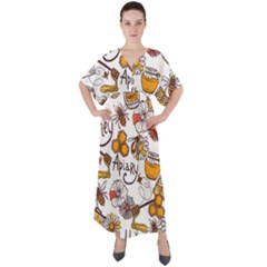 Honey Seamless Pattern V-neck Boho Style Maxi Dress