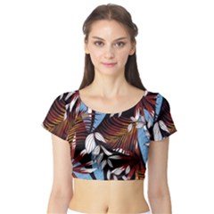 Trending Abstract Seamless Pattern With Colorful Tropical Leaves Plants Black Short Sleeve Crop Top by Vaneshart