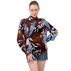 Trending Abstract Seamless Pattern With Colorful Tropical Leaves Plants Black High Neck Long Sleeve Chiffon Top