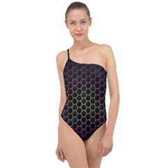 Dark Hexagon With Light Fire Background Classic One Shoulder Swimsuit by Vaneshart