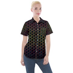 Dark Hexagon With Light Fire Background Women s Short Sleeve Pocket Shirt