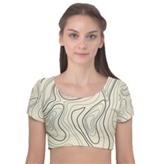 Topographic Lines Background Salmon Colour Shades Velvet Short Sleeve Crop Top  by Vaneshart