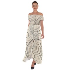 Topographic Lines Background Salmon Colour Shades Off Shoulder Open Front Chiffon Dress