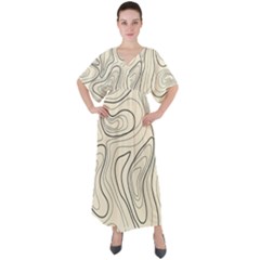 Topographic Lines Background Salmon Colour Shades V-neck Boho Style Maxi Dress