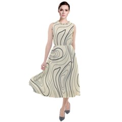 Topographic Lines Background Salmon Colour Shades Round Neck Boho Dress