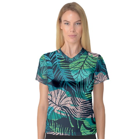 Seamless Abstract Pattern With Tropical Plants V-neck Sport Mesh Tee by Vaneshart