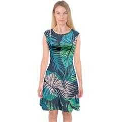 Seamless Abstract Pattern With Tropical Plants Capsleeve Midi Dress by Vaneshart