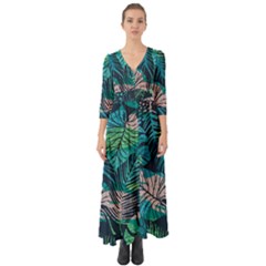 Seamless Abstract Pattern With Tropical Plants Button Up Boho Maxi Dress by Vaneshart