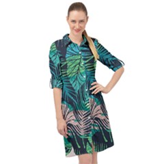 Seamless Abstract Pattern With Tropical Plants Long Sleeve Mini Shirt Dress