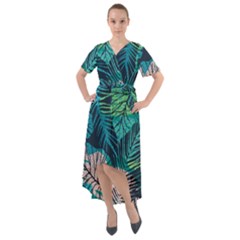 Seamless Abstract Pattern With Tropical Plants Front Wrap High Low Dress