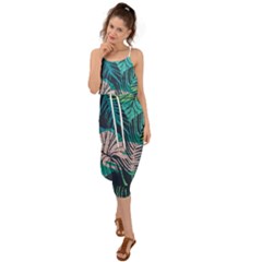 Seamless Abstract Pattern With Tropical Plants Waist Tie Cover Up Chiffon Dress