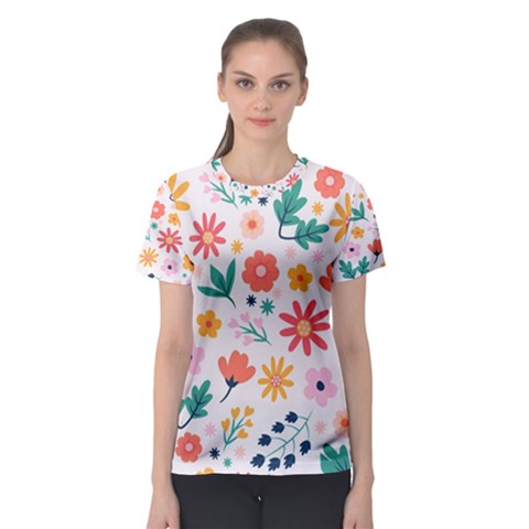 Flat Colorful Flowers Leaves Background Women s Sport Mesh Tee by Vaneshart