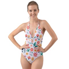 Flat Colorful Flowers Leaves Background Halter Cut-out One Piece Swimsuit by Vaneshart