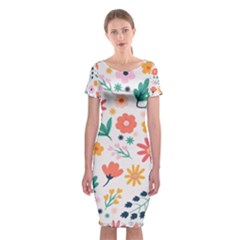 Flat Colorful Flowers Leaves Background Classic Short Sleeve Midi Dress by Vaneshart