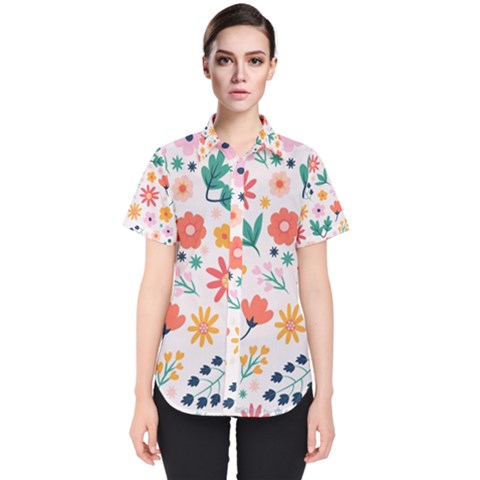 Flat Colorful Flowers Leaves Background Women s Short Sleeve Shirt by Vaneshart