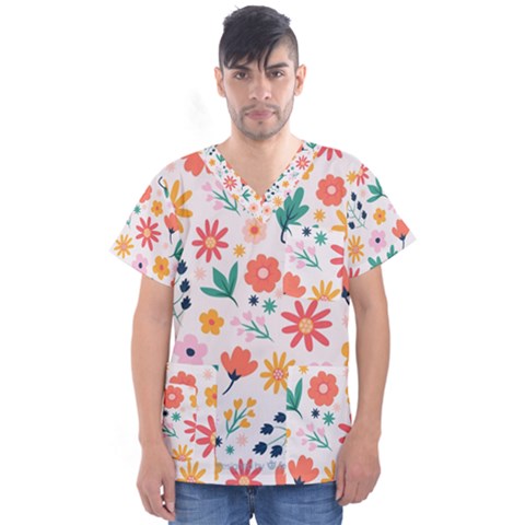 Flat Colorful Flowers Leaves Background Men s V-neck Scrub Top by Vaneshart