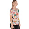 Flat Colorful Flowers Leaves Background Women s V-Neck Scrub Top View3