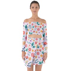 Flat Colorful Flowers Leaves Background Off Shoulder Top With Skirt Set by Vaneshart