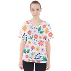 Flat Colorful Flowers Leaves Background V-neck Dolman Drape Top by Vaneshart