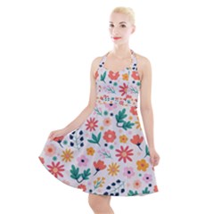 Flat Colorful Flowers Leaves Background Halter Party Swing Dress  by Vaneshart