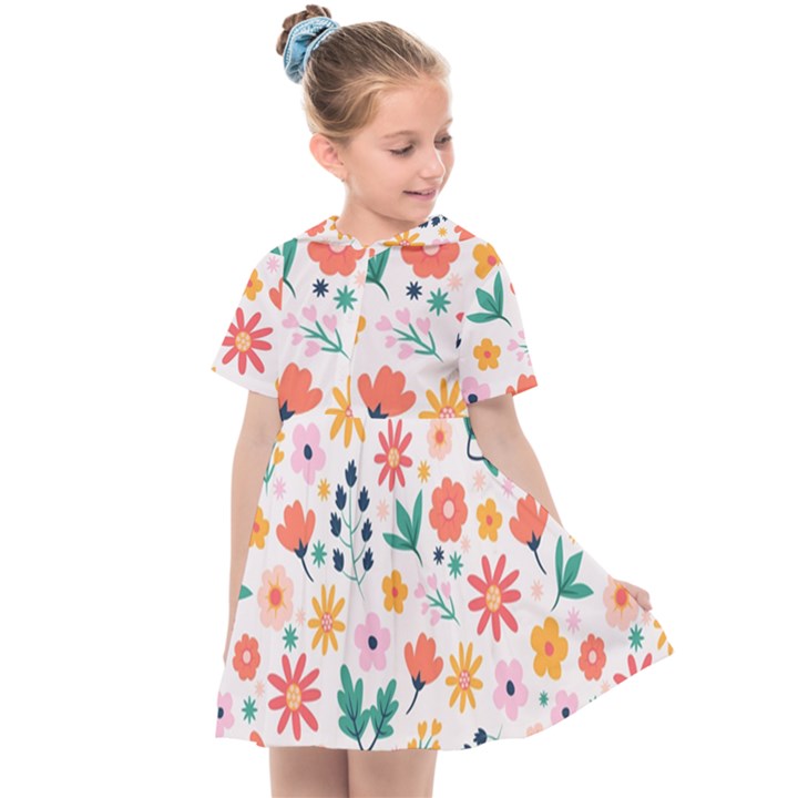 Flat Colorful Flowers Leaves Background Kids  Sailor Dress