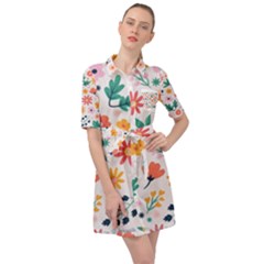 Flat Colorful Flowers Leaves Background Belted Shirt Dress