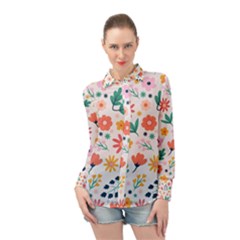 Flat Colorful Flowers Leaves Background Long Sleeve Chiffon Shirt