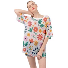 Flat Colorful Flowers Leaves Background Oversized Chiffon Top